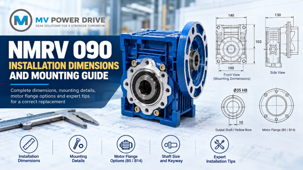  NMRV 090 worm gearbox with installation dimensions, mounting diagrams, output bore and keyway details, and B5/B14 motor flange options.