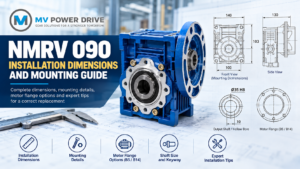 NMRV 090 worm gearbox with installation dimensions, mounting diagrams, output bore and keyway details, and B5/B14 motor flange options.