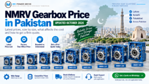 NMRV Gearbox Price in Pakistan (Updated October 2026) NMRV gearbox prices in Pakistan start from Rs 28,000 for the smallest NMRV 025 and go up to about Rs 7 lakh (Rs 700,000) for a cast iron NMRV 150. Where a unit lands inside that spread depends on the body size, the ratio, the input flange and, above all, whether it is a documented branded unit or an unbranded import. Below is the full price range for every size MV Power Drive supplies, plus what pushes a price up or down and how to get a firm quote the same day. NMRV Gearbox Price List by Size These are gearbox only prices for a standard single reduction unit. The starting figure is the entry price for the size, and the range shows where most orders fall. Prices were last updated in October 2026. Model Starting from Typical price range Common use NMRV 025 Rs 28,000 Rs 28,000 to Rs 45,000 Small automation, light indexing NMRV 030 Rs 30,000 Rs 30,000 to Rs 50,000 Packaging, dosing, small conveyors NMRV 040 Rs 34,000 Rs 34,000 to Rs 65,000 Packaging lines, food machinery NMRV 050 Rs 40,000 Rs 40,000 to Rs 85,000 Light conveyors, mixers NMRV 063 Rs 48,000 Rs 48,000 to Rs 1,20,000 Conveyors, general production NMRV 075 Rs 62,000 Rs 62,000 to Rs 1,60,000 Standard conveyors, mid size mixers NMRV 090 Rs 85,000 Rs 85,000 to Rs 2,30,000 Heavier mixers, continuous duty NMRV 110 Rs 1,30,000 Rs 1,30,000 to Rs 3,50,000 Heavy duty, high inertia loads NMRV 130 Rs 2,00,000 Rs 2,00,000 to Rs 5,20,000 Heavy mixers, crushers, feeders NMRV 150 Rs 3,00,000 Rs 3,00,000 to Rs 7,00,000 The largest single stage duty Prices are shown in Pakistani rupees and use the lakh format that most buyers here are used to, so Rs 1,20,000 means one lakh twenty thousand. For a size by size breakdown of torque and ratio, see our NMRV worm gearbox size guide. What Affects the Price of an NMRV Gearbox Two buyers can ask for an "NMRV 075" and receive quotes that are far apart. That is normal, and it usually comes down to five things. Body size. Every step up in size adds more material, a larger worm wheel and a heavier housing, so the price climbs quickly from 090 upward. Housing material. The smaller sizes use die cast aluminium. From NMRV 110 upward the housing is cast iron, which is heavier and costs more to produce. Ratio and construction. A standard single reduction unit costs less than a double reduction unit built to reach a very high ratio. Input flange and output shaft. A common flange in stock is cheaper than a special bore, a double output shaft or a torque arm. Brand and documentation. A unit with a proper torque rating on its datasheet costs more than an unbranded import with no paperwork, and the gap shows up later in service life. Why the Cheapest NMRV Is Not Always the Cheapest Option A low quote is tempting, but a worm gearbox is a wearing part. The bronze worm wheel is the component that pays for a bad size choice or a weak build, and a failed gearbox means a stopped line and a rushed replacement at a higher price. Two suppliers quoting the same size and ratio are also not automatically quoting the same product. Gear material, housing casting and tolerances vary between makers. Ask for the torque rating at your ratio in writing, and compare that number, not just the model name. If you are still unsure which size your load needs, our guide on electric motor selection for conveyor systems shows how the load side of the calculation works. Need a Combination or a Custom Configuration? Prices for complete NMRV combinations and special configurations depend on the exact specification. Contact MV Power Drive with the size, ratio and what you are driving, and we will confirm the price of the full combination for you. You can also browse our wider range of gear motors and gear reducers if you are comparing worm construction against other types. NMRV Worm Gearbox Supplier in Lahore, Karachi and Faisalabad MV Power Drive supplies industrial buyers across Pakistan, with strong demand from the Lahore, Faisalabad and Karachi industrial belts. Textile mills, packaging plants, food processors and sugar and cement operations make up most of the NMRV orders we handle. Tell us your city and we will confirm stock and delivery time along with the price. How to Get an Exact NMRV Quote Today To quote quickly and correctly, send us these details on WhatsApp: The NMRV size, or the motor kW if you are unsure of the size The ratio you need, or the output speed you are aiming for The input flange size or motor frame What the gearbox will drive and roughly how many hours a day it runs Quantity and delivery city Our team will confirm the body size before you order, so you do not pay for a size that is too small or too large. Start from the NMRV series product page to see the range. Frequently Asked Questions How much does an NMRV gearbox cost in Pakistan? Prices start from about Rs 28,000 for an NMRV 025 and rise to around Rs 7 lakh for an NMRV 150. Most mid range orders for sizes 063 to 090 fall between Rs 48,000 and Rs 2,30,000, depending on ratio and flange. Why do NMRV gearbox prices vary so much between sellers? Body size, housing material, ratio, flange and brand all change the price. Unbranded imports with no torque datasheet are much cheaper than documented units, but they are harder to size correctly and may wear faster. What is the price of an NMRV 063 gearbox? An NMRV 063 starts from Rs 48,000 and most units fall between Rs 48,000 and Rs 1,20,000. The exact figure depends on the ratio and the input flange you need. Is an unbranded NMRV gearbox worth buying? It can work for light, intermittent duty, but you should ask for a written torque rating at your ratio. For continuous duty, heavy loads or anything that stops a production line if it fails, a documented unit is the safer purchase. How do I choose between NMRV 075 and NMRV 090? Match the torque rating at your ratio to your load after applying a service factor. Choose the 090 for continuous heavy duty or shock loading, even when a 075 looks adequate on paper. Get a Firm NMRV Price from MV Power Drive Send us your size, ratio and application on WhatsApp and we will reply with a firm price and stock position for your city. If you would rather compare sizes first, read our NMRV worm gearbox size guide and then come back with your numbers.